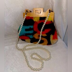 Vibrant Multicolor Faux Fur Clutch with Pearl Strap